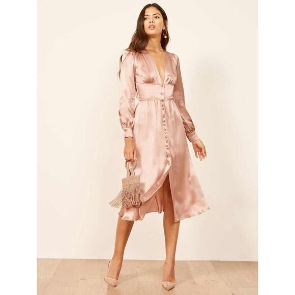 NWT Reformation Nicola Silk Midi Dress in Praline Dusty Rose Pink sz 4 - Picture 1 of 11